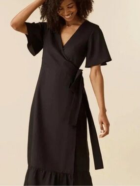 VETTA Black Wrap Midi Dress with Flutter Sleeves